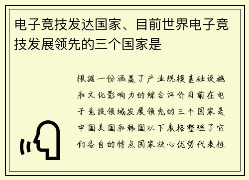 电子竞技发达国家、目前世界电子竞技发展领先的三个国家是
